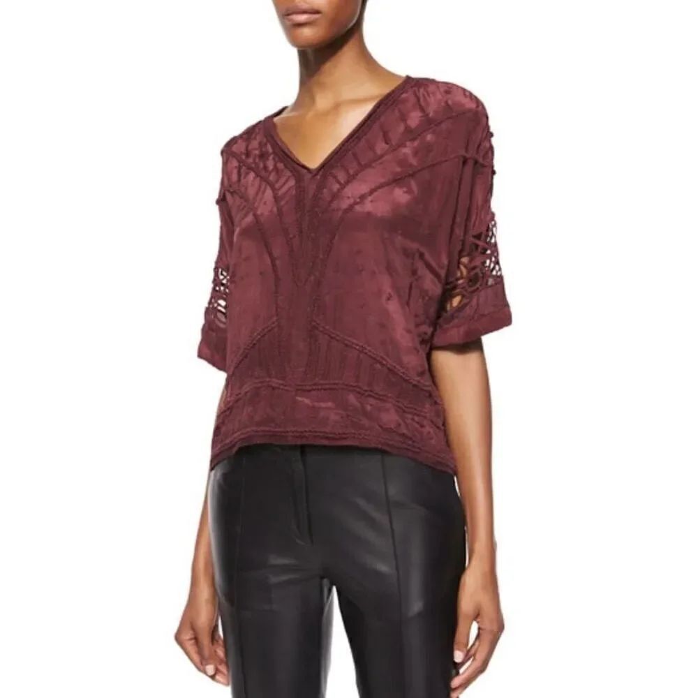 IRO Brynn Short Sleeve V-Neck Blouse Top Burgundy - size 36 / Small